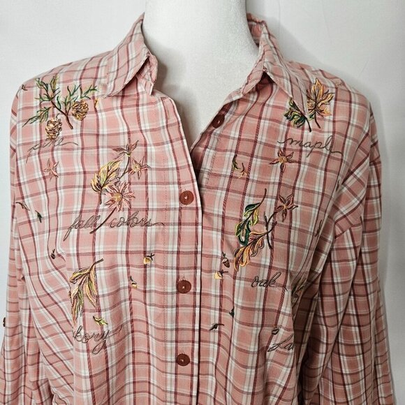 Vintage Size XL 80's Plaid Fall Shirt Embroidered Button-Up Floral & Leaf Design - Picture 2 of 8